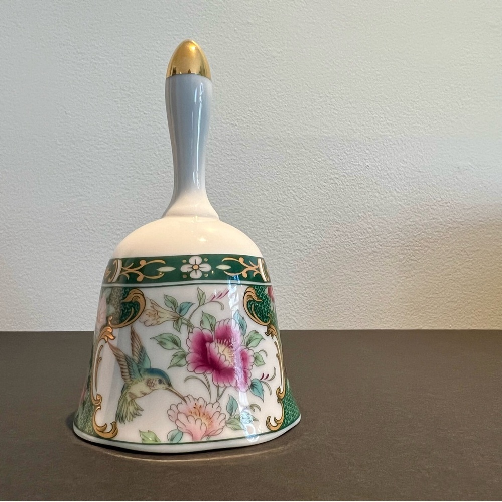 Vintage Otagiri Gallery Line Hummingbird Porcelain Hand Bell with Gold Trim